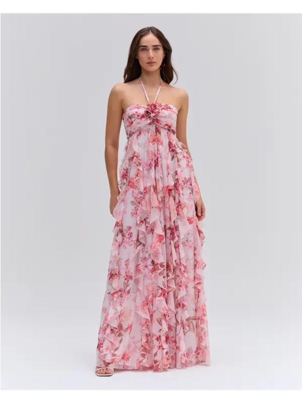 PatBO Pink Floral Halter-Ruffle Maxi Dress